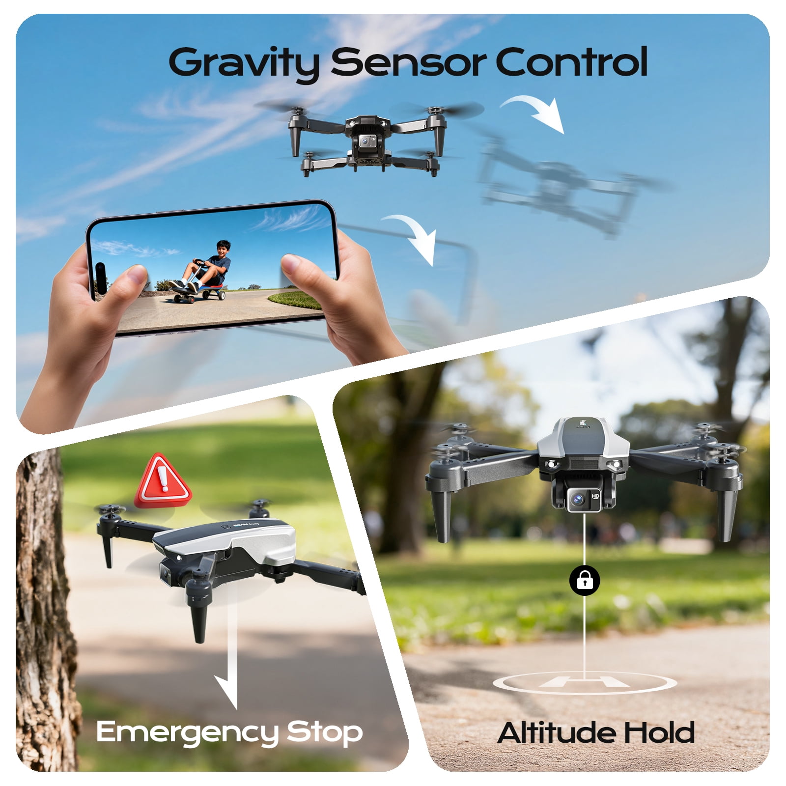 Wefone H30 Foldable Drone with Camera, Lightweight, User-Friendly, 360° Flips, Altitude Hold, Optical Flow Positioning, 3 Batteries, Black