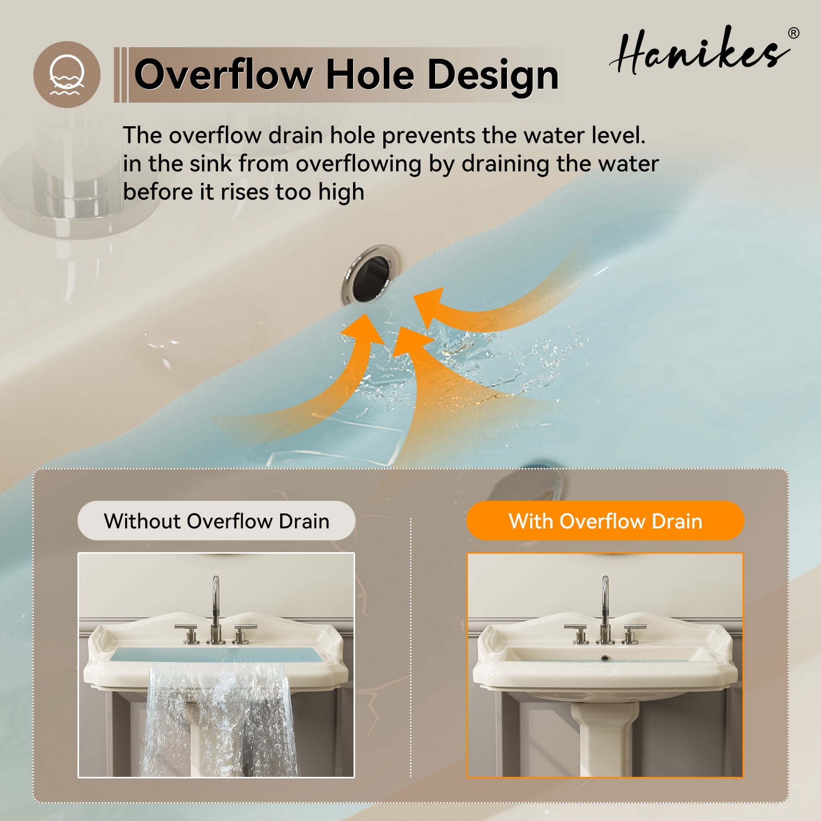 HOROW 23x19 Inch Bone Colored Pedestal Sink Combo with Overflow and Single Faucet Hole, Ceramic Bathroom Vanity Sink