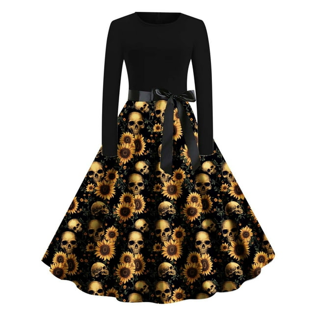 Robe Swing Grande Taille pour Femmes Robe Gothique Renaissance Steampunk Manches Longues Robe Cocktail Vintage Imprimé Squelette Citrouille Cosplay Costume de Fête
