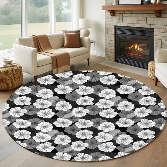 White Floral Round Rug 5ft Washable Circle Kitchen Rugs Non Slip Vintage Country Pastoral Flowers Plants Large Area Rug Indoor Floor Carpet for Bedroom Living Room Home Office Dining Room Nursery