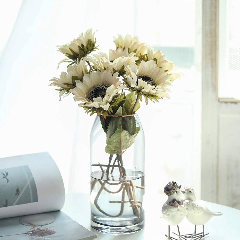 White Sunflowers Artificial Flowers 7 Faux Silk Sunflowers Bouquet Fake Real Touch Long Stems Floral for Wedding Party Centerpieces Home Decoration(Autumn White)