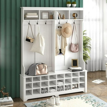60" Wide Entryway Bench with Multi-Functional Hall Tree, Coat Rack with Metal Hooks and 24 Shoe Cubbies, for Hallway, Living Room, or Bedroom in White