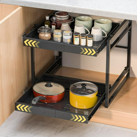 2 Tier Pull Out Cabinet Organizer, 21 inch Depth Slide Out Shelves, Expandable 14"-22.5" Wide Heavy-Duty Cabinet Drawers for Kitchen Pots, Pans & Pantry Storage, Black