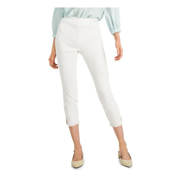 ALFANI Womens White Stretch Textured Fringed Pull-on Ankle Slit Hem Straight leg Pants 12