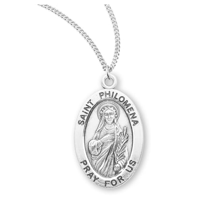 HMH Die Struck Hand Engraved Patron Saint Philomena Oval Sterling Silver Medal for Men | Women with 18" Rhodium Plated Curb Chain packaged in Deluxe Velvet Box