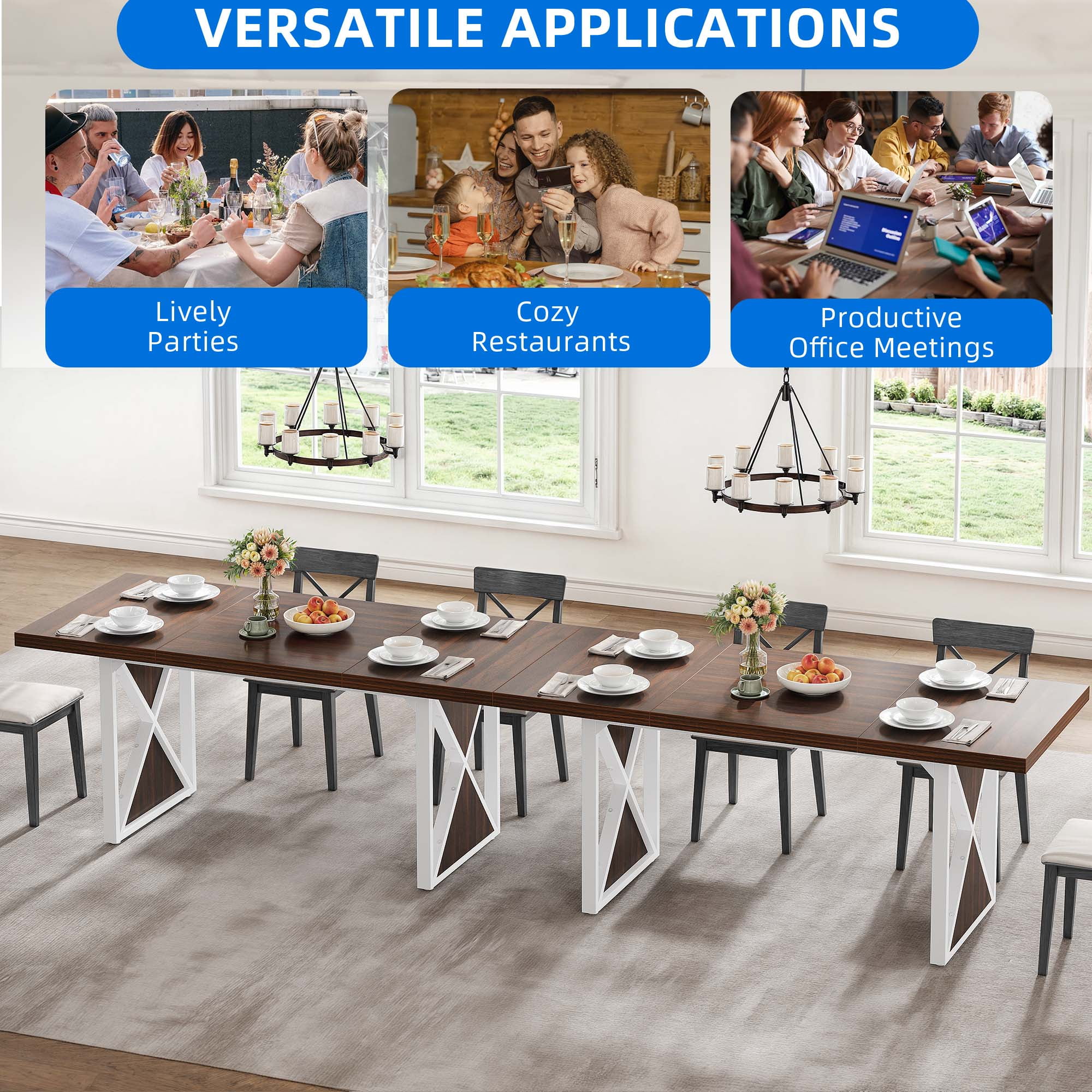 Dextrus 70" Dining Table for 6-8 People, Large Rectangular Wood Kitchen Table Farmhouse Dinner Table with Metal Legs for Dining Room, Kitchen, Brown & White