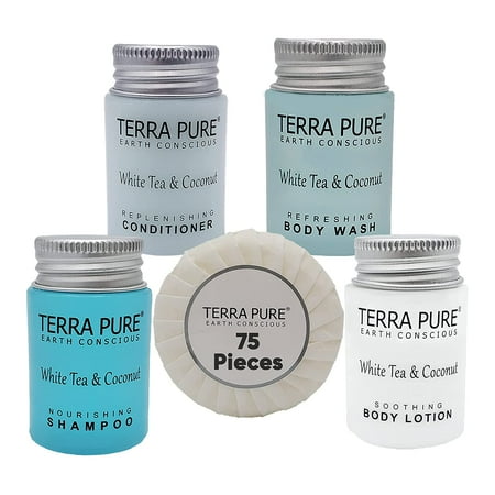 Terra Pure White Tea and Coconut Hotel Soaps and Toiletries Bulk Set | 1-Shoppe All-In-Kit for Hotels | 1oz Shampoo & Conditioner, Body Wash, Lotion & 1.25oz Bar Soap | Travel Size Toiletries 75 Piece