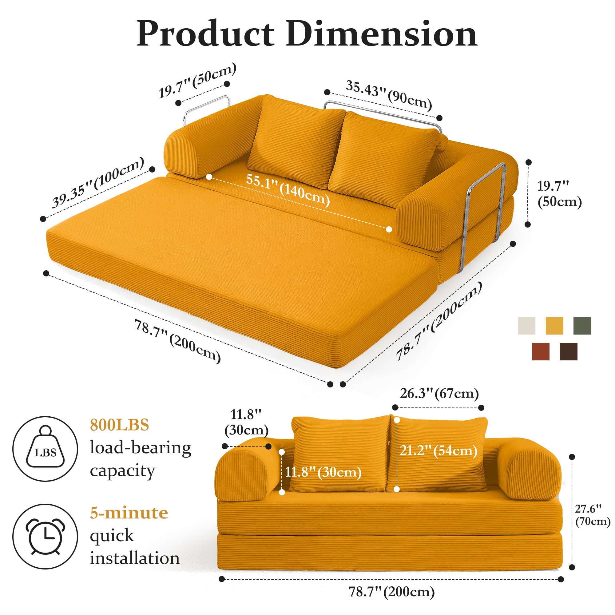 COOLHUT 78.7" W Convertible Sofa Bed, Foam Floor Sofa, Folding Sleeper Sofa Couch Bed with Six Frame, High Rebound Density Sofa, Corduroy Sofa Couch Bed for Living Room, Bedroom, Ginger