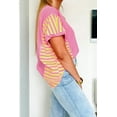 thumbnail image 3 of Women's Bright Pink Waffle Knit T-Shirt – Casual Short Sleeve with Striped Patchwork, XL, 3 of 5