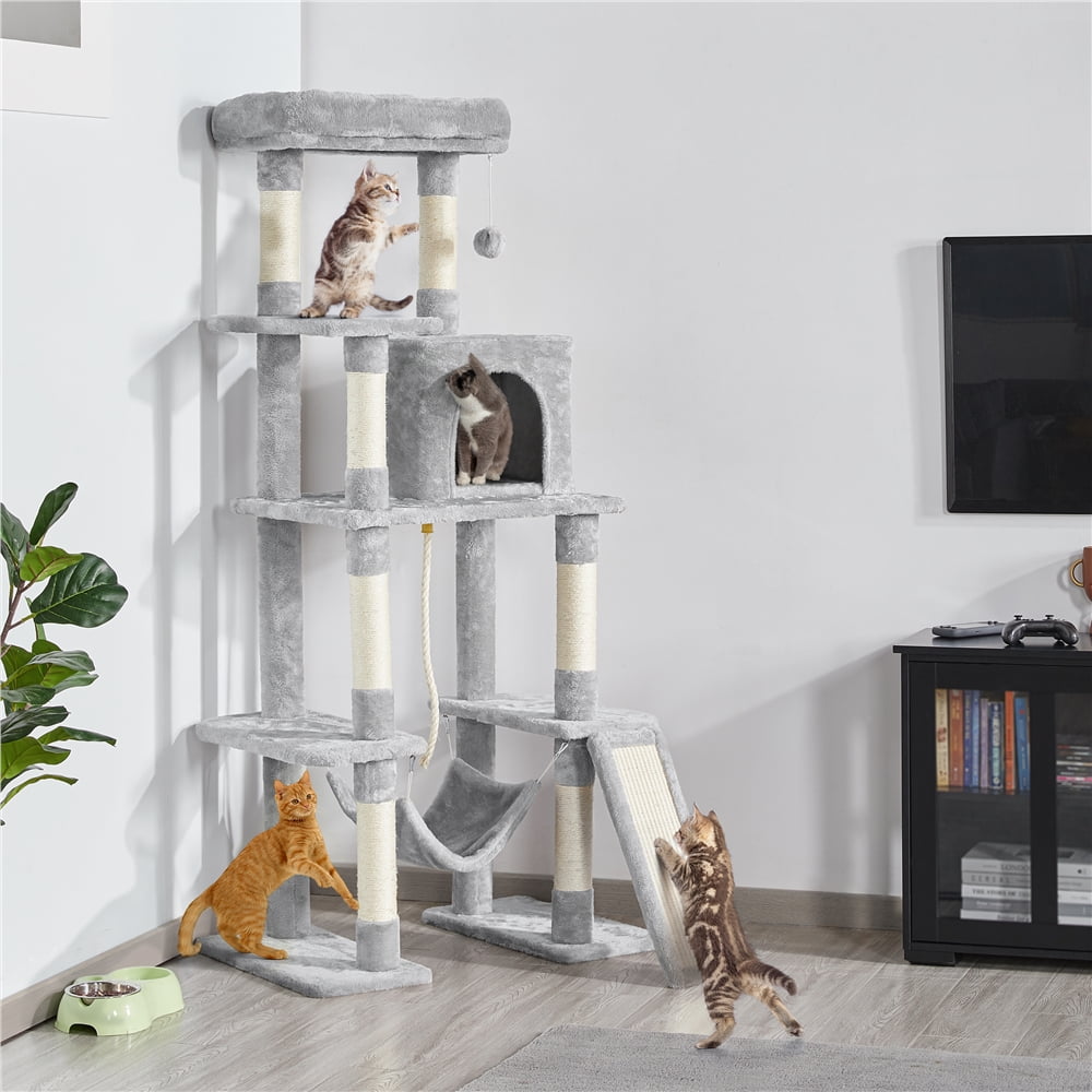 Alden Design 63" H Cat Tree Tower with Hammock and Scratching Posts, Light Gray