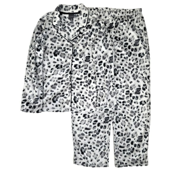 Covington Women Gray Animal Print Button Front Fleece Pajamas Sleep Set Medium