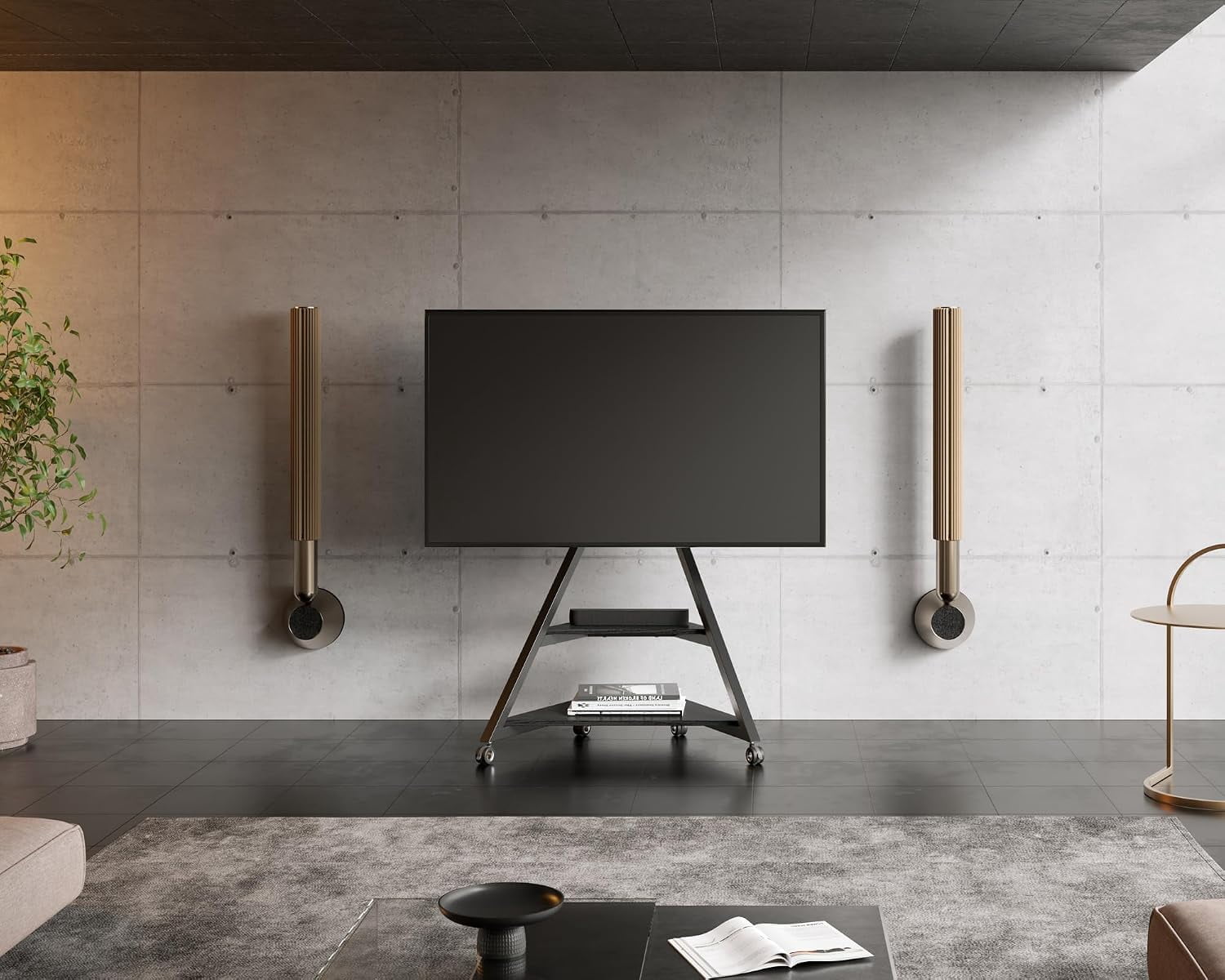 FITUEYES Eiffel Series Corner TV Stand for 55–88 Inch TVs, Black, Storage Shelf