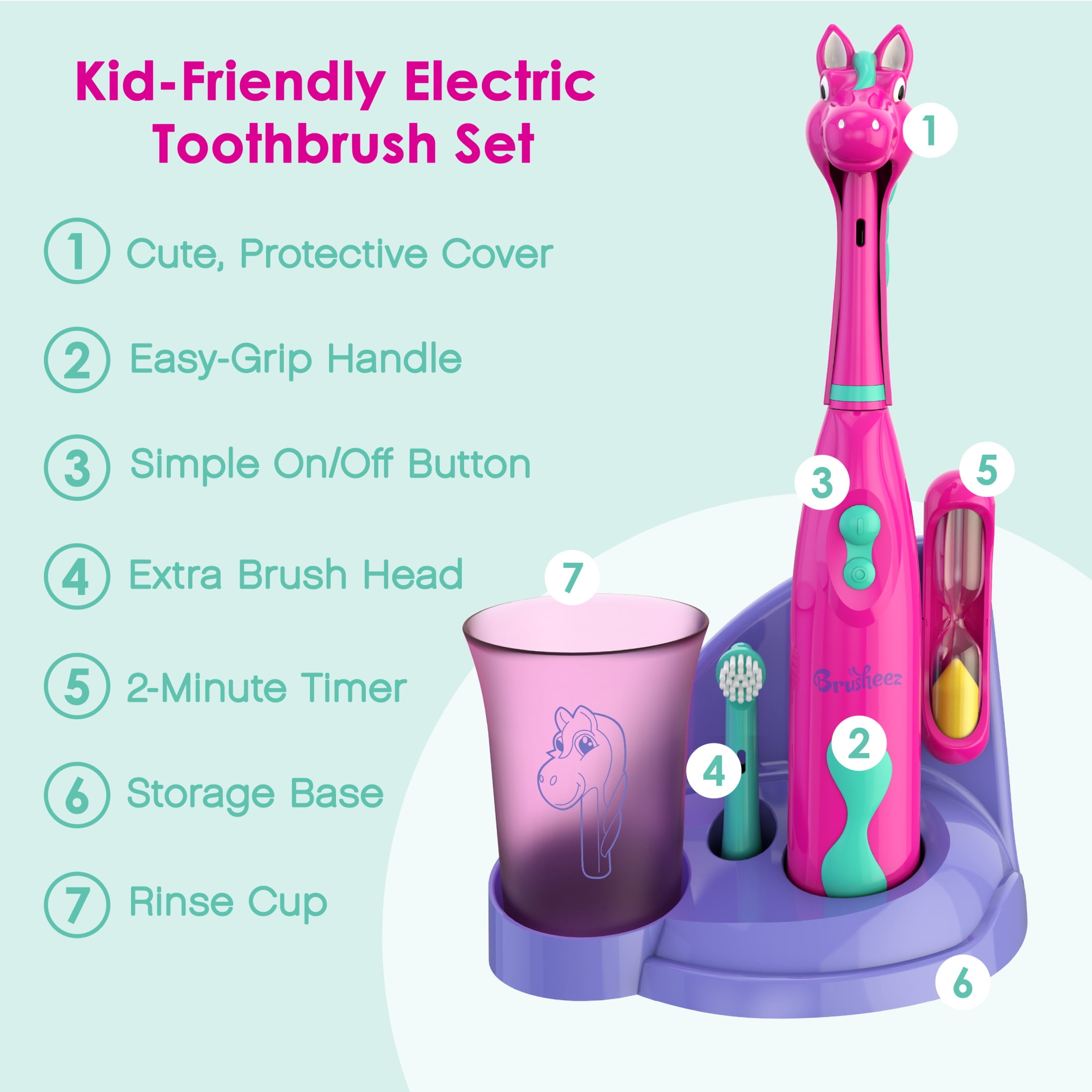 Brusheez Kids’ Electric Toothbrush Set - Safe & Effective for Ages 3+ - Parent Tested & Approved with Gentle Bristles, 2 Brush Heads, Rinse Cup, 2-Minute Timer, & Storage Base (Prancy the Pony)