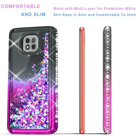Motorola Moto G Power 2021 Case,  Liquid Floating Glitter Quicksand Bling with Spot Diamond Cover - Black/Pink