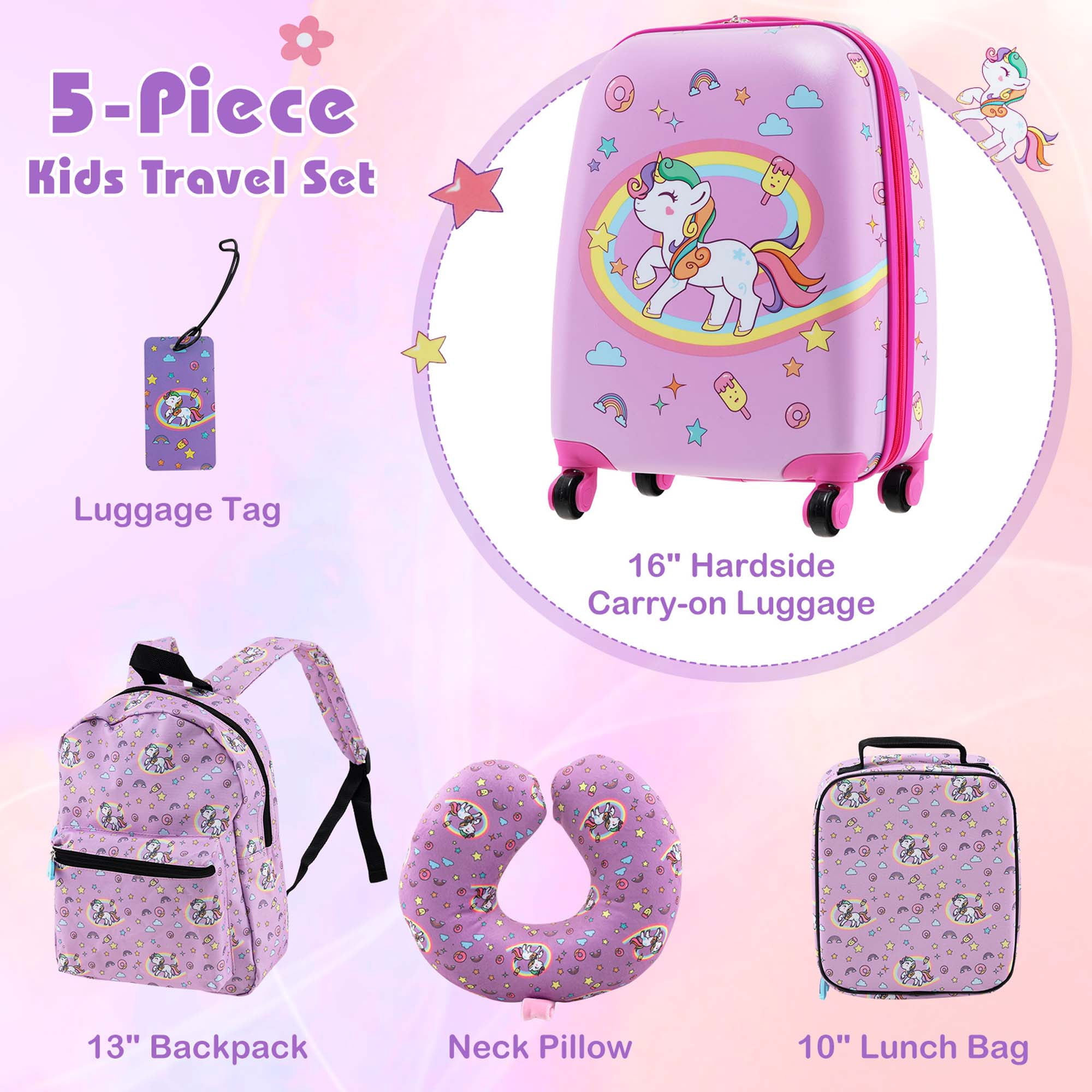 Costway 5 PCS Kids Luggage Set with Backpack Neck Pillow Luggage Tag Lunch Bag Wheels Pink
