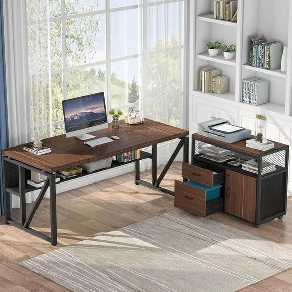 Tribesigns 63" L-Shaped Executive Desk with Drawers, Office Computer Desk with lateral File Cabinet (Dark Brown, 63 inches)