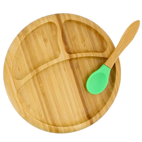 Baby Plates with Suction Bamboo Toddler Plates with Spoon in Green