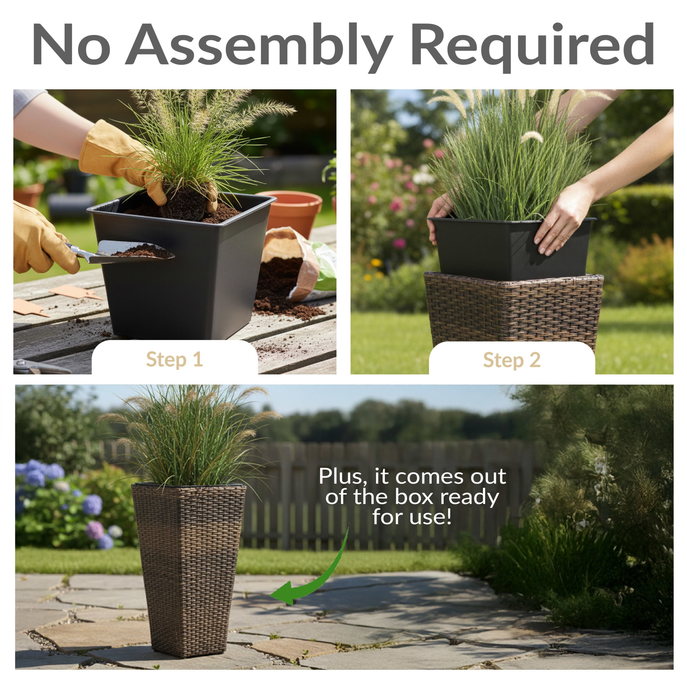 Sunnydaze Assorted Square Outdoor Brown Rattan Planter with Liner 3-Count