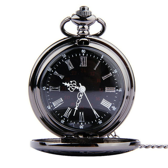 1Pc Round Pocket Watch Retro Classic Dual Display Roman Arabic Numerals Dial Watch Pocket Watch Steampunk (Black Thin Chain)