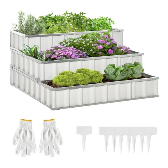 3 Tier Metal Raised Garden Bed Kit - 47x47x25 Elevated Planter Box with Gloves - White - for Vegetables, Flowers, Herbs - Outdoor Gardening
