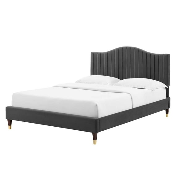 Tufted Platform Bed Frame, King Size, Velvet, Dark Grey Gray, Modern Contemporary Urban Design, Bedroom Master Guest Suite