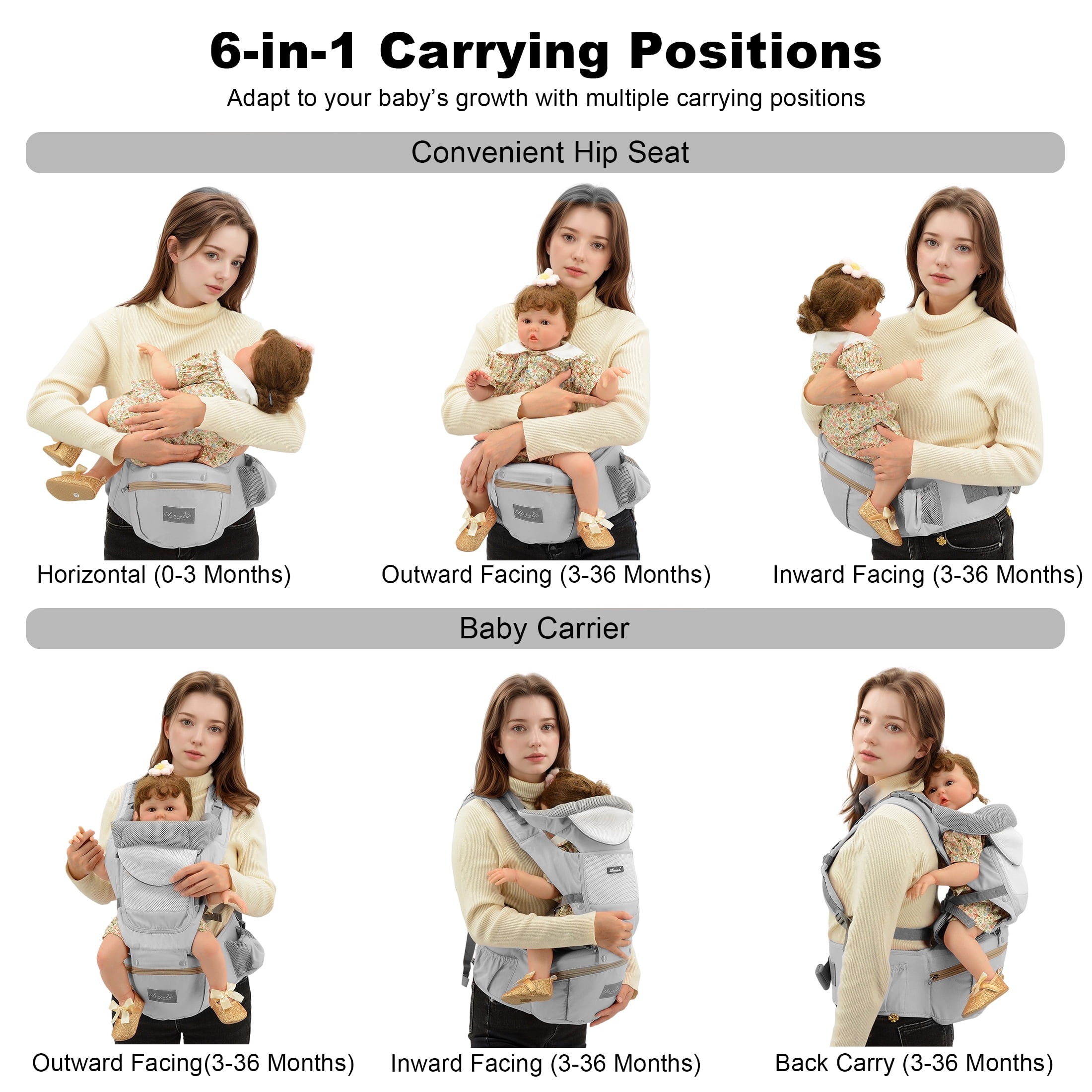 Derstuewe Baby Carrier, Baby Backpack Wrap for Infants Newborn with Hip Seat Lumbar Support , Soft Grey