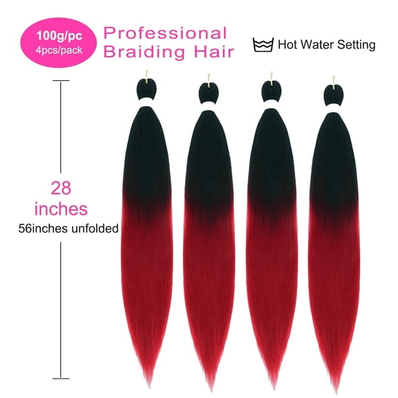 WEIF-28inch Red Ombre Braiding Hair Pre Stretched Braiding Extensions For Box Braids Hair 4pcs/pack Hot Water Setting Styles(1B/Red)