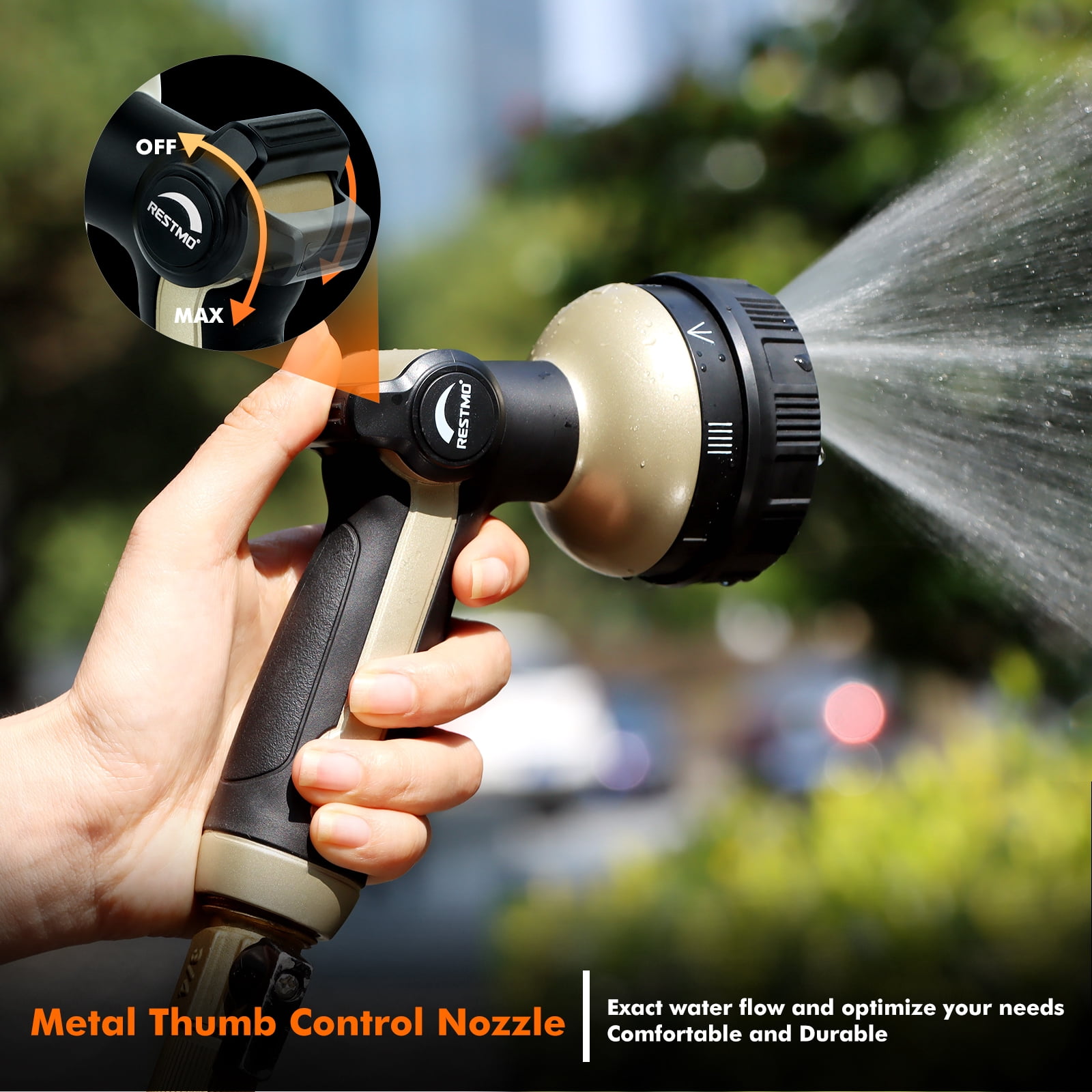Restmo Full Shower Garden Hose Nozzle, 8 Spray Patterns with Thumb Control, Heavy Duty Nozzle Ideal for Outdoor Lawn &  Plant Watering, Car & Pet