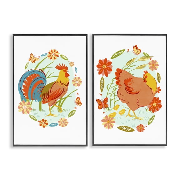 Stupell Industries Rooster & Hen with Florals Animals Painting Black Framed Art Print Wall Art, 12 x 18, Set of 2