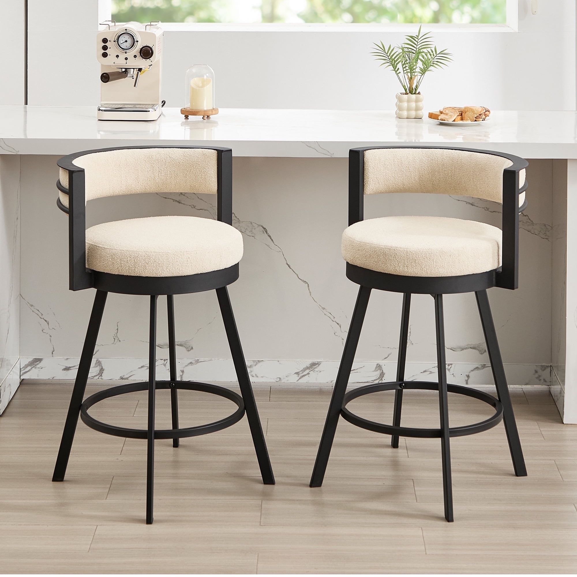 Zesthouse 26.6″ Swivel Bar Stools Set of 2, Linen Upholstered Counter Stools with Barrel Back and Metal Legs, Modern Counter Height Barstools for Kitchen Island, Beige