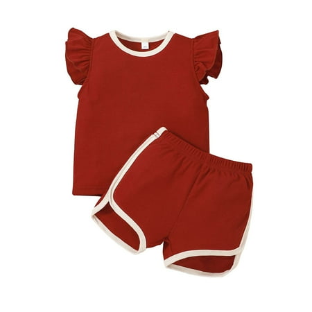 

Youmylove Toddler Baby Girls Fly Sleeve Solid Ribbed T-Shirt Tops Shorts Outfits Spring Clothing Set