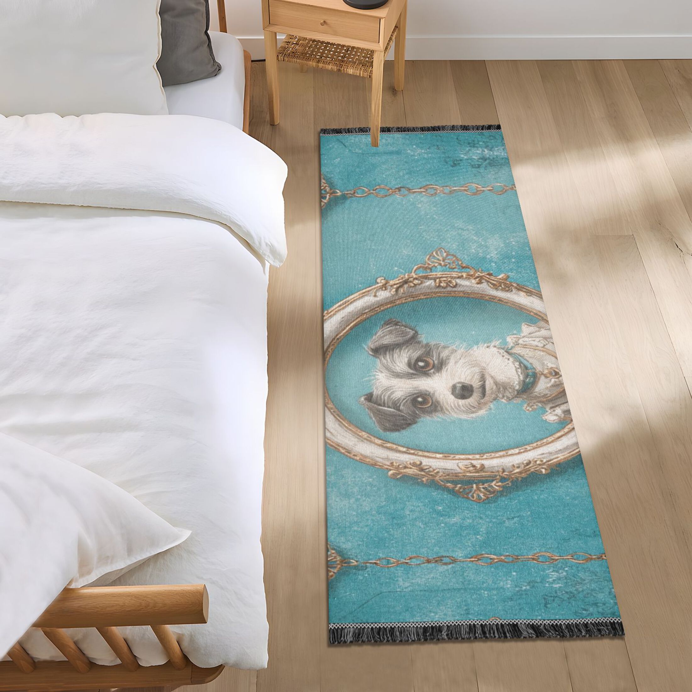 Bedroom Hallway Indoor Outdoor Mat With Rubber Backing Runner Rug Long Portrait Frames and Gold Chains