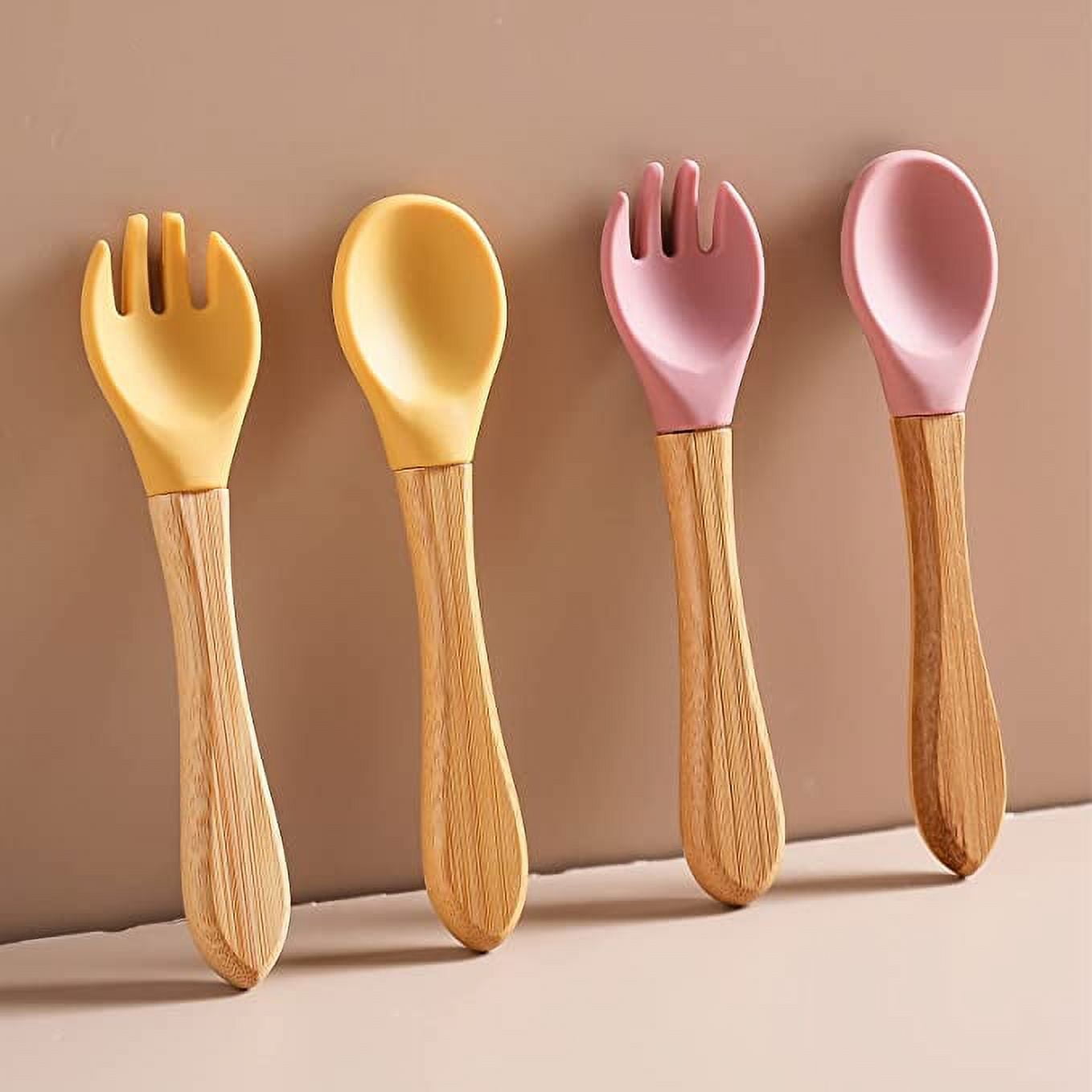 Baby Feeding Spoon Silicone Tips Head Bamboo Handle Gum Friendly Training 2  Pack