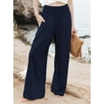 thumbnail image 4 of Women Linen Palazzo Pants Summer Boho Wide Leg High Waist Casual Lounge Beach Travel Vacation Outfits Navy Blue M, 4 of 8
