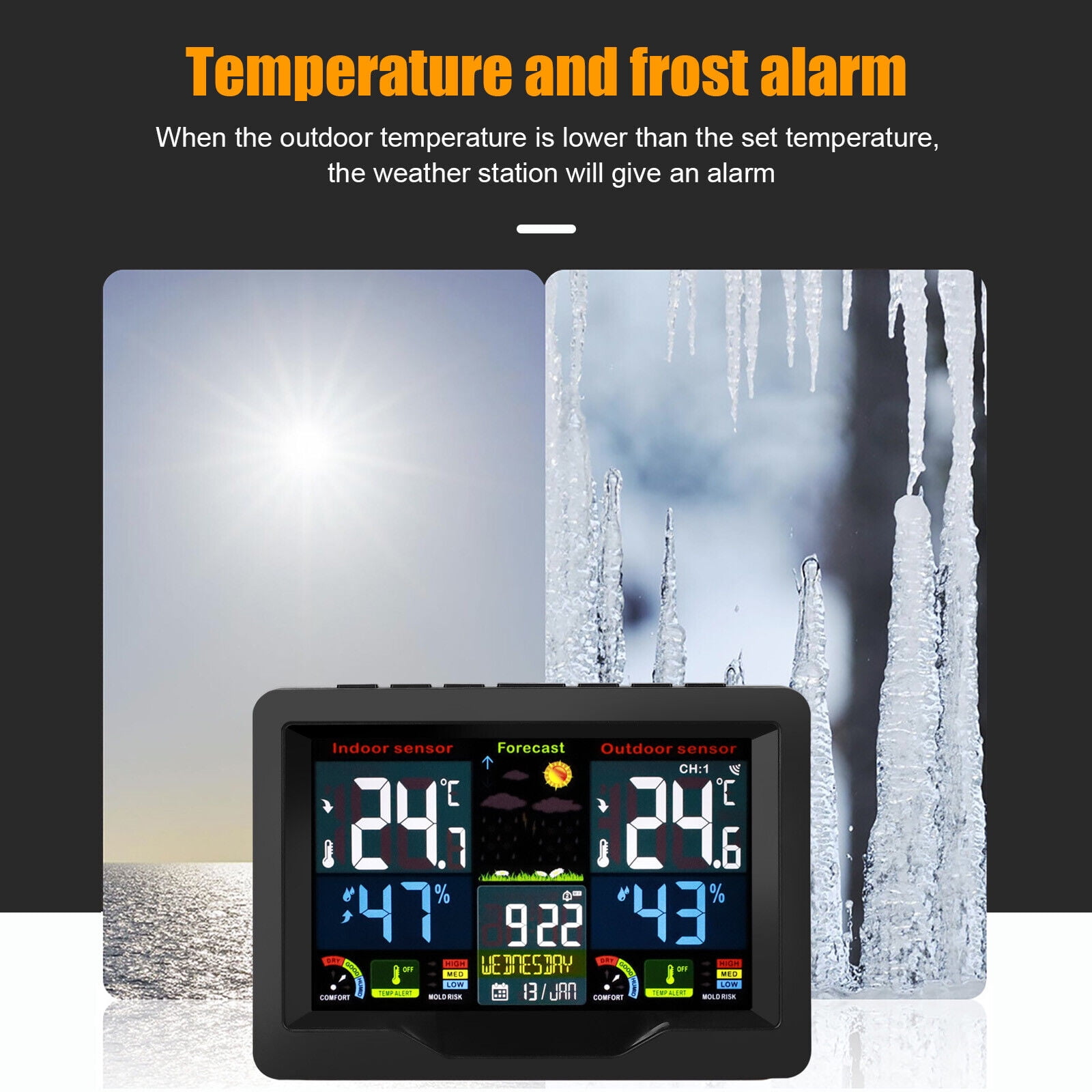 Dropship Electric Weather Station Snooze Alarm Clock Wireless Sensor Indoor  Outdoor Thermometer Humidity Weather Forecast Temperature Frost Alert With  Backlight 7 Languages Switchable to Sell Online at a Lower Price