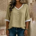 thumbnail image 4 of Uootdi Women's Tops V Neck 3/4 Sleeve Floral Embroidered Linen Blend Casual Blouses Summer Picnic Style Lightweight Breathable Loose Fit Shirts Gift, 4 of 6