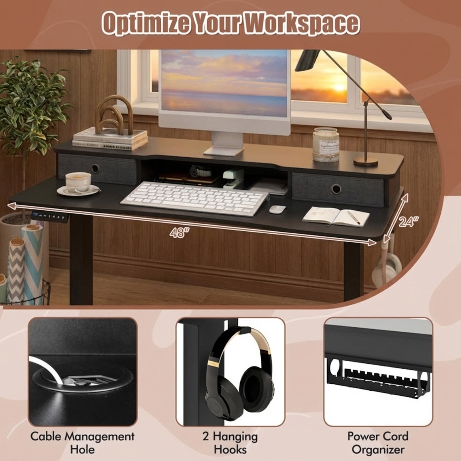 Furnibear Height Adjustable Electric Standing Desk 48 x 24 Inch with 2 Fabric Drawers Monitor Shelf and 3 Memory Settings in Black