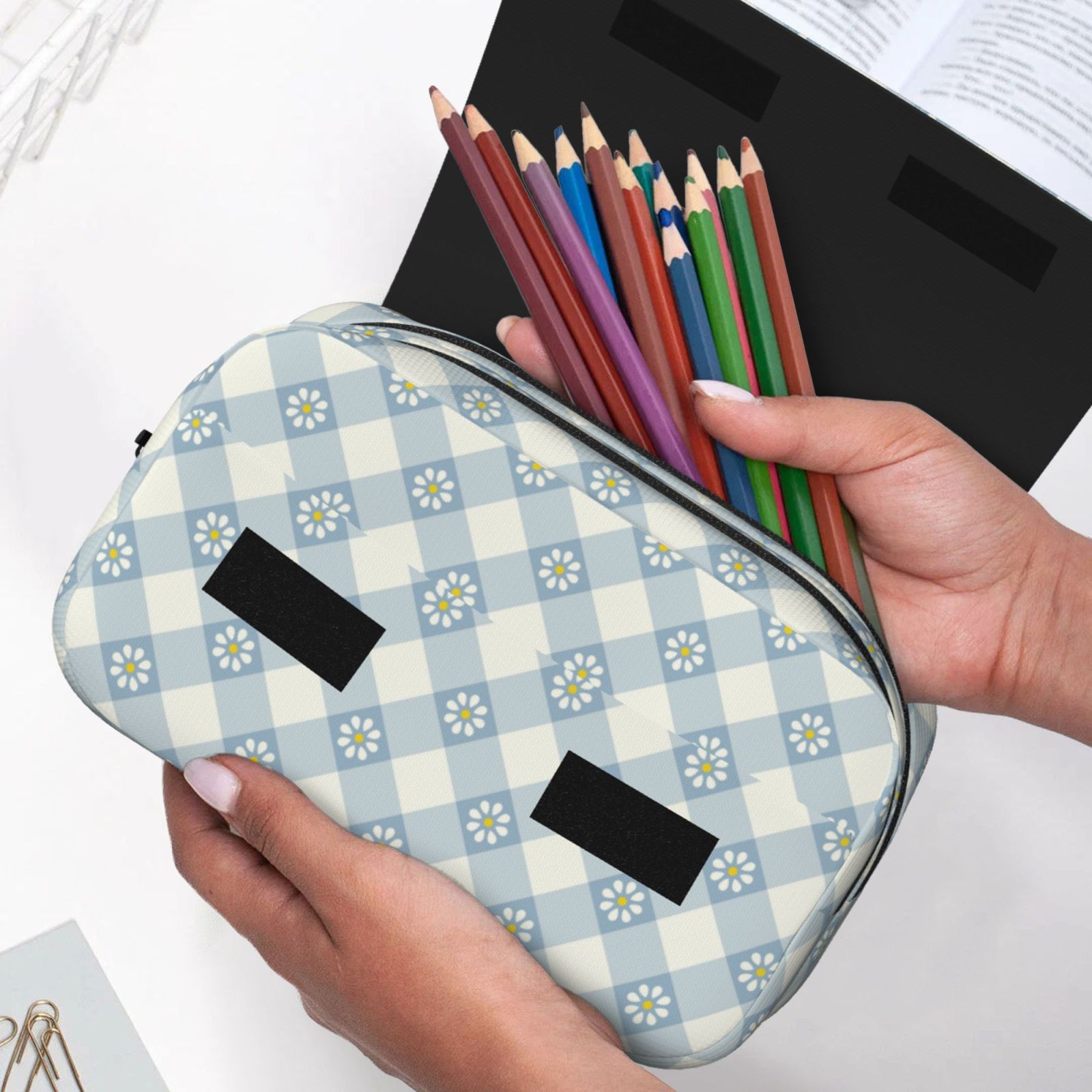 Rateoe Daisy Plaid Blue Pattern Double Clamshell Pen Case, Storage Organizer with Two Zipper Compartments– Holds Up to 50 Pencils & Pens
