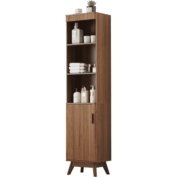 LEFHDA 68" Bathroom Storage Cabinet with Doors, Narrow Tall Fluted Cabinet, Wooden Mid-century Modern Cabinet with Adjustable Shelf, Bathroom Kitchen Living Room
