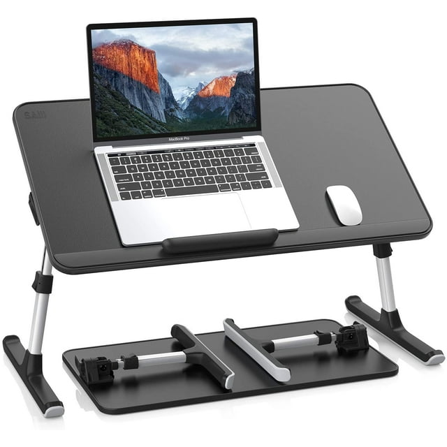 Leather Laptop Bed Tray Table, Adjustable Laptop Stand with Removable Stopper, Portable Lap Desks with Foldable Legs, Notebook Stand Breakfast Reading Desk for Sofa Couch(Large,Black)
