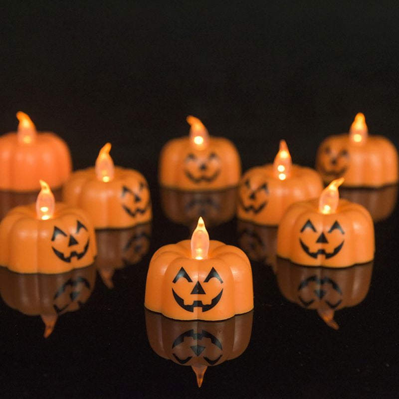 Pumpkin Flameless Tea Light Candles, Realistic LED TeaLight 10 Pack Warm White Ghost Face Candles Fall Halloween Thanksgivings Indoor Home Decor