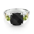 thumbnail image 2 of Gem Stone King 925 Silver and 10K Yellow Gold Black Onyx and Green Peridot 3 Stone Ring for Women (4.40 Cttw, Gemstone December Birthstone, Cushion Checkerboard 10MM, Round 4MM, Size 6), 2 of 3