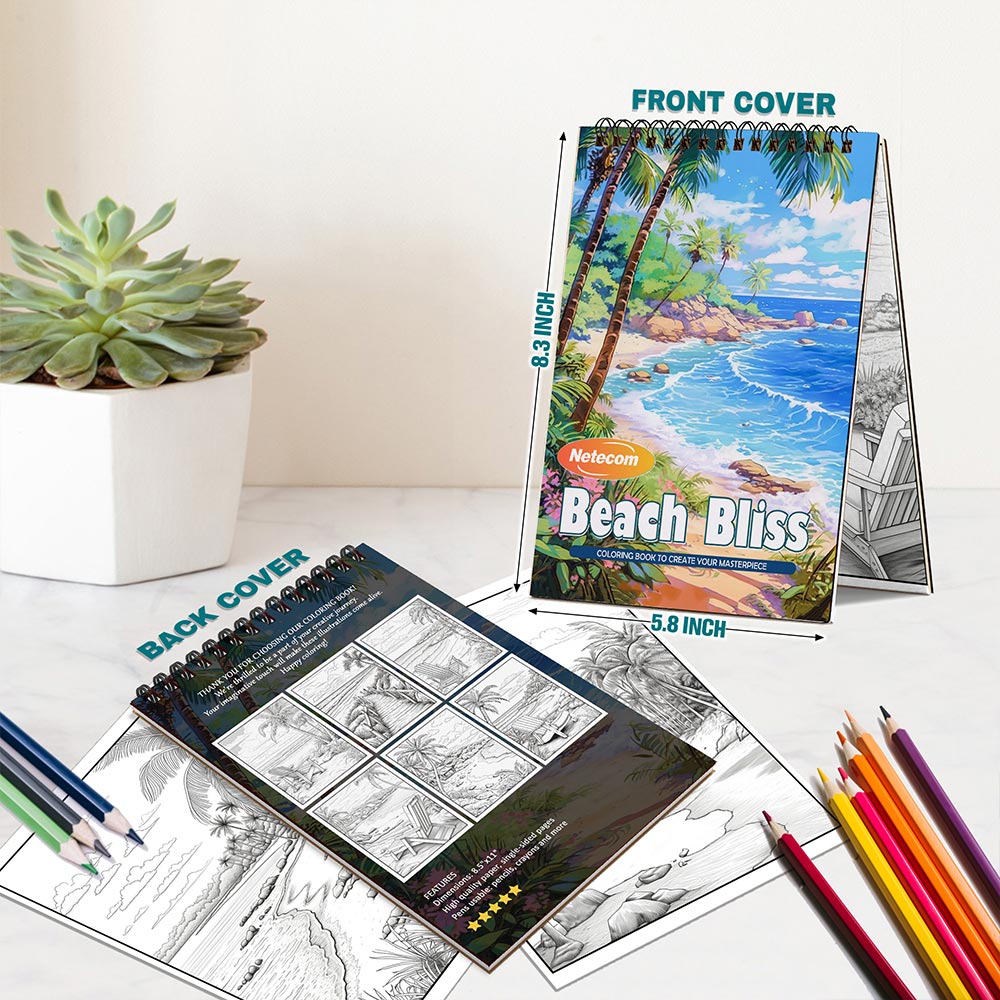 Beach Bliss Coloring Book Spiral Bound For Adults, A5 Wooden Cover, 30 Dreamy Coloring Pages in Idyllic Beach and Seaside Landscapes for Stress Relief and Relaxation