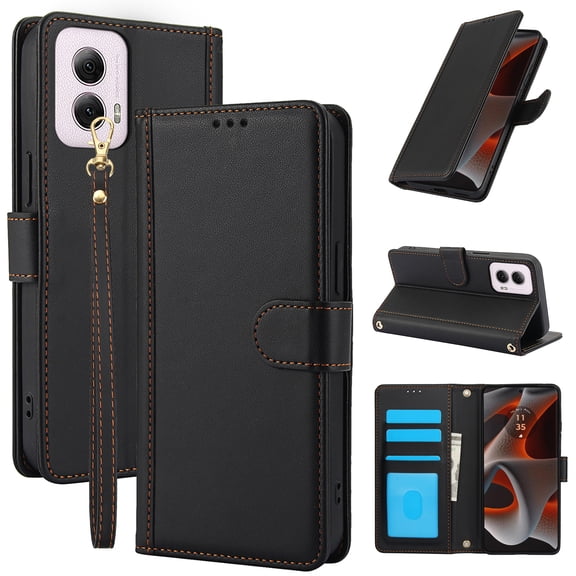 ELEHOLD Case for Moto G Power 5G 2024, Shockproof PU Leather Crossbody Wallet Stand Case with Credit Card Holder & Wrist Strap,Black