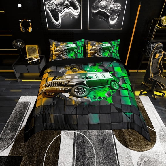 Erosebridal Racing Car Comforter Cover Twin,Geometric Buffalo Bedding Twin Size,Golden Green Duvet Cover Twin,Lightweight Car Room Decoration,Reversible,3pcs(No Comforter)