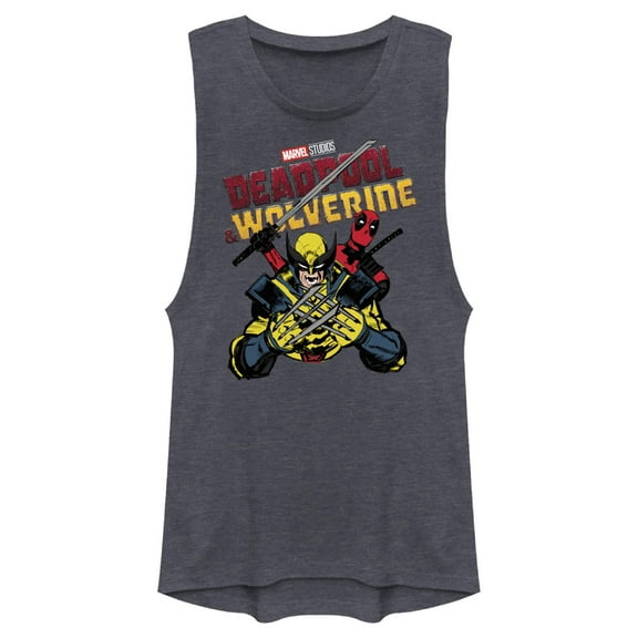 Junior's Marvel: Deadpool & Wolverine Fighting Pose Festival Muscle Graphic T-Shirt