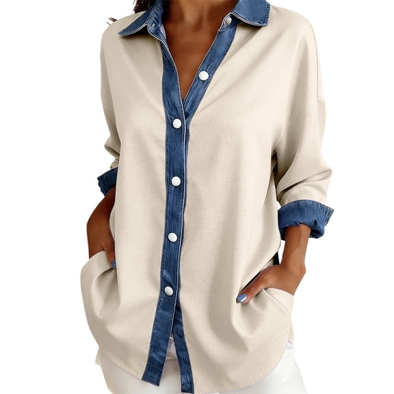 Summer Tops, Duoif Women's Denim Patchwork Button Down, Long Sleeve Casual Shirts for Women Beige L