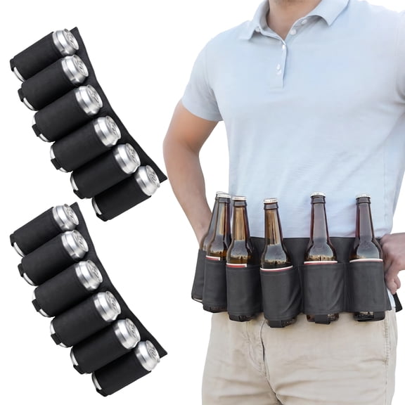 2 Pcs Men Beer Belt Holder with Adjustable Strap Hands 6 Can Beer Drinking Accessories for Barbeque Camping, Black