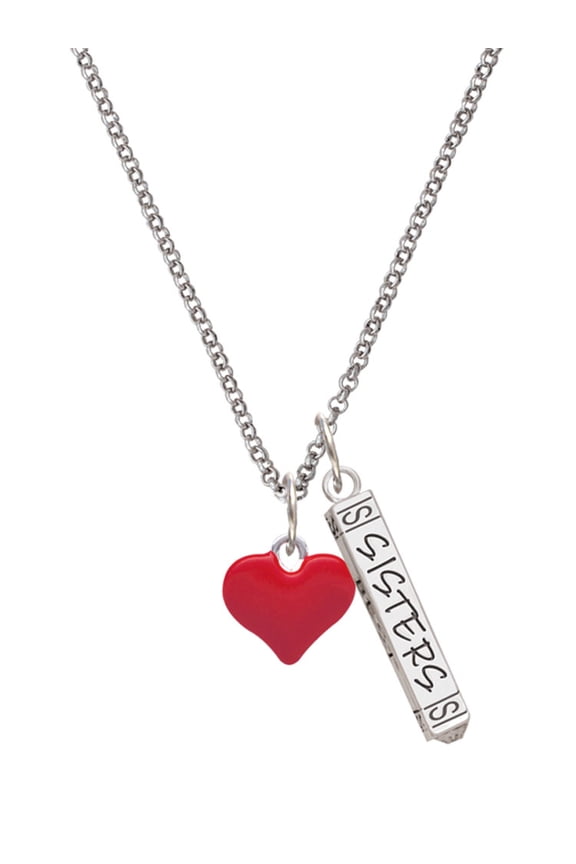 Silvertone 3-D Red Puffy Heart Silvertone Sisters Best Friends Forever Bar Charm Necklace, 23"