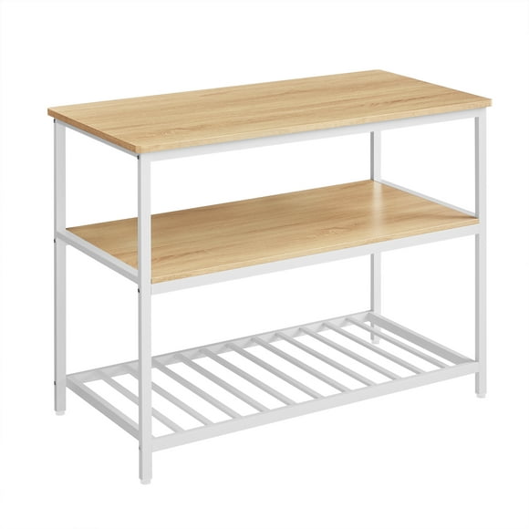 VASAGLE Kitchen Island with 3 Shelves, 47.2 Inches Kitchen Shelf with Large Worktop, Stable Steel Structure, Industrial, Easy to Assemble, Oak Color and White UKKI001W09